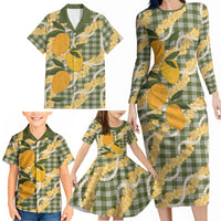 Uliuli Ahiahia Hawaiian Mango Palaka Family Matching Long Sleeve Bodycon Dress and Hawaiian Shirt Aloha Hibiscus Pikake Lei