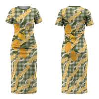 Uliuli Ahiahia Hawaiian Mango Palaka Family Matching Short Sleeve Bodycon Dress and Hawaiian Shirt Aloha Hibiscus Pikake Lei
