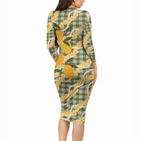 Uliuli Ahiahia Hawaiian Mango Palaka Long Sleeve Bodycon Dress Aloha Hibiscus Pikake Lei