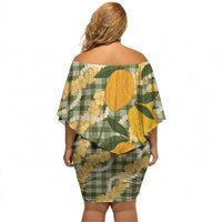 Uliuli Ahiahia Hawaiian Mango Palaka Off Shoulder Short Dress Aloha Hibiscus Pikake Lei
