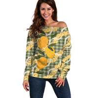 Uliuli Ahiahia Hawaiian Mango Palaka Off Shoulder Sweater Aloha Hibiscus Pikake Lei