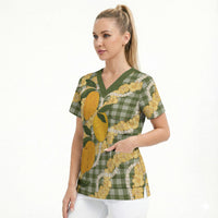 Uliuli Ahiahia Hawaiian Mango Palaka Scrub Top Aloha Hibiscus Pikake Lei