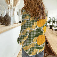 Uliuli Ahiahia Hawaiian Mango Palaka Women Casual Shirt Aloha Hibiscus Pikake Lei