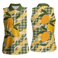 Uliuli Ahiahia Hawaiian Mango Palaka Women Sleeveless Polo Shirt Aloha Hibiscus Pikake Lei