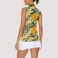 Uliuli Ahiahia Hawaiian Mango Palaka Women Sleeveless Polo Shirt Aloha Hibiscus Pikake Lei