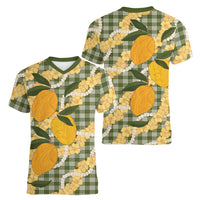 Uliuli Ahiahia Hawaiian Mango Palaka Women V-Neck T-Shirt Aloha Hibiscus Pikake Lei