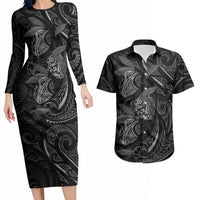Hawaiian Mango Tribal Tattoo Couples Matching Long Sleeve Bodycon Dress and Hawaiian Shirt Black White Pacific Traditional Pattern