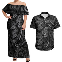 Hawaiian Mango Tribal Tattoo Couples Matching Off Shoulder Maxi Dress and Hawaiian Shirt Black White Pacific Traditional Pattern