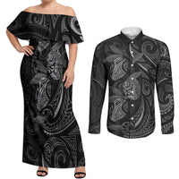 Hawaiian Mango Tribal Tattoo Couples Matching Off Shoulder Maxi Dress and Long Sleeve Button Shirt Black White Pacific Traditional Pattern