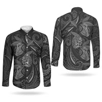 Hawaiian Mango Tribal Tattoo Couples Matching Off Shoulder Maxi Dress and Long Sleeve Button Shirt Black White Pacific Traditional Pattern