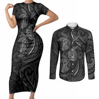 Hawaiian Mango Tribal Tattoo Couples Matching Short Sleeve Bodycon Dress and Long Sleeve Button Shirt Black White Pacific Traditional Pattern