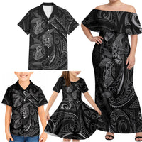 Hawaiian Mango Tribal Tattoo Family Matching Off Shoulder Maxi Dress and Hawaiian Shirt Black White Pacific Traditional Pattern
