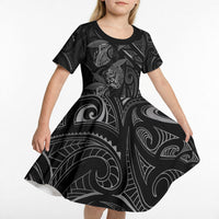 Hawaiian Mango Tribal Tattoo Kid Short Sleeve Dress Black White Pacific Traditional Pattern