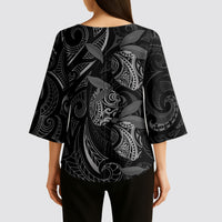 Hawaiian Mango Tribal Tattoo Kimono Sleeve Blouse Black White Pacific Traditional Pattern