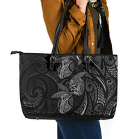 Hawaiian Mango Tribal Tattoo Leather Tote Bag Black White Pacific Traditional Pattern