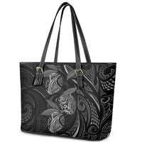 Hawaiian Mango Tribal Tattoo Leather Tote Bag Black White Pacific Traditional Pattern