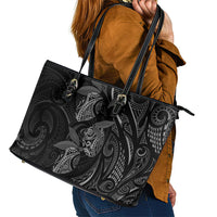 Hawaiian Mango Tribal Tattoo Leather Tote Bag Black White Pacific Traditional Pattern