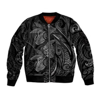 Hawaiian Mango Tribal Tattoo Sleeve Zip Bomber Jacket Black White Pacific Traditional Pattern