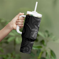 Hawaiian Mango Tribal Tattoo Tumbler With Handle Black White Pacific Traditional Pattern
