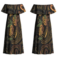 Hawaiian Mango Tribal Tattoo Couples Matching Off Shoulder Maxi Dress and Hawaiian Shirt Gold Pacific Traditional Pattern