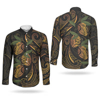 Hawaiian Mango Tribal Tattoo Couples Matching Off Shoulder Maxi Dress and Long Sleeve Button Shirt Gold Pacific Traditional Pattern
