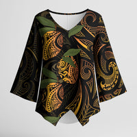 Hawaiian Mango Tribal Tattoo Kimono Sleeve Blouse Gold Pacific Traditional Pattern