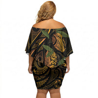 Hawaiian Mango Tribal Tattoo Off Shoulder Short Dress Gold Pacific Traditional Pattern