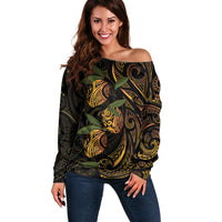 Hawaiian Mango Tribal Tattoo Off Shoulder Sweater Gold Pacific Traditional Pattern