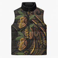 Hawaiian Mango Tribal Tattoo Sleeveless Puffer Jacket Gold Pacific Traditional Pattern