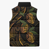 Hawaiian Mango Tribal Tattoo Sleeveless Puffer Jacket Gold Pacific Traditional Pattern