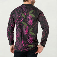 Hawaiian Mango Tribal Tattoo Button Sweatshirt Pink Pacific Traditional Pattern