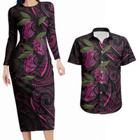 Hawaiian Mango Tribal Tattoo Couples Matching Long Sleeve Bodycon Dress and Hawaiian Shirt Pink Pacific Traditional Pattern