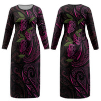 Hawaiian Mango Tribal Tattoo Couples Matching Long Sleeve Bodycon Dress and Long Sleeve Button Shirt Pink Pacific Traditional Pattern