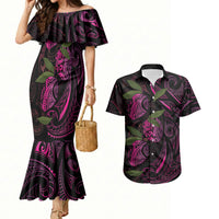 Hawaiian Mango Tribal Tattoo Couples Matching Mermaid Dress and Hawaiian Shirt Pink Pacific Traditional Pattern