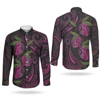 Hawaiian Mango Tribal Tattoo Couples Matching Mermaid Dress and Long Sleeve Button Shirt Pink Pacific Traditional Pattern
