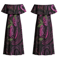 Hawaiian Mango Tribal Tattoo Couples Matching Off Shoulder Maxi Dress and Long Sleeve Button Shirt Pink Pacific Traditional Pattern