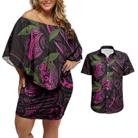 Hawaiian Mango Tribal Tattoo Couples Matching Off Shoulder Short Dress and Hawaiian Shirt Pink Pacific Traditional Pattern
