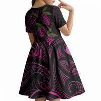 Hawaiian Mango Tribal Tattoo Kid Short Sleeve Dress Pink Pacific Traditional Pattern