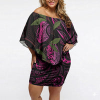 Hawaiian Mango Tribal Tattoo Off Shoulder Short Dress Pink Pacific Traditional Pattern