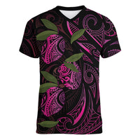 Hawaiian Mango Tribal Tattoo Women V-Neck T-Shirt Pink Pacific Traditional Pattern