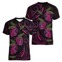 Hawaiian Mango Tribal Tattoo Women V-Neck T-Shirt Pink Pacific Traditional Pattern