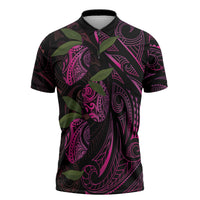 Hawaiian Mango Tribal Tattoo Zipper Polo Shirt Pink Pacific Traditional Pattern