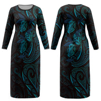 Hawaiian Mango Tribal Tattoo Couples Matching Long Sleeve Bodycon Dress and Hawaiian Shirt Teal Pacific Traditional Pattern