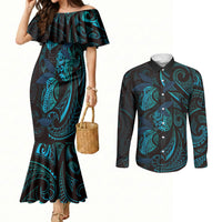 Hawaiian Mango Tribal Tattoo Couples Matching Mermaid Dress and Long Sleeve Button Shirt Teal Pacific Traditional Pattern