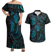 Hawaiian Mango Tribal Tattoo Couples Matching Off Shoulder Maxi Dress and Hawaiian Shirt Teal Pacific Traditional Pattern