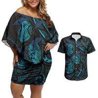 Hawaiian Mango Tribal Tattoo Couples Matching Off Shoulder Short Dress and Hawaiian Shirt Teal Pacific Traditional Pattern