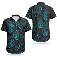 Hawaiian Mango Tribal Tattoo Couples Matching Off Shoulder Short Dress and Hawaiian Shirt Teal Pacific Traditional Pattern