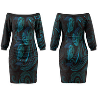 Hawaiian Mango Tribal Tattoo Couples Matching Off The Shoulder Long Sleeve Dress and Long Sleeve Button Shirt Teal Pacific Traditional Pattern