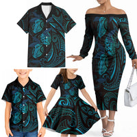 Hawaiian Mango Tribal Tattoo Family Matching Off The Shoulder Long Sleeve Dress and Hawaiian Shirt Teal Pacific Traditional Pattern