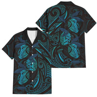 Hawaiian Mango Tribal Tattoo Family Matching Off The Shoulder Long Sleeve Dress and Hawaiian Shirt Teal Pacific Traditional Pattern